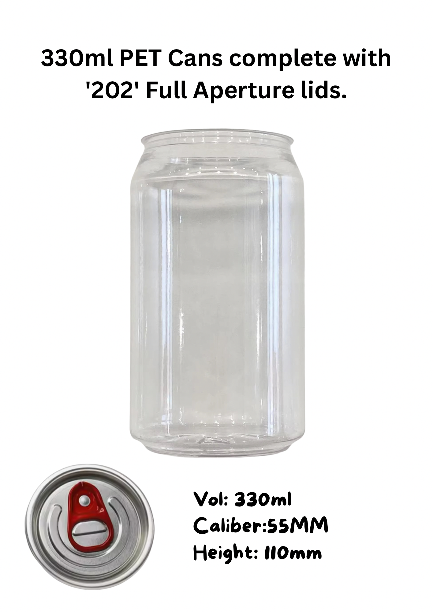 50 x 330ml PET Clear Beverage Cans with Full Aperture Lids