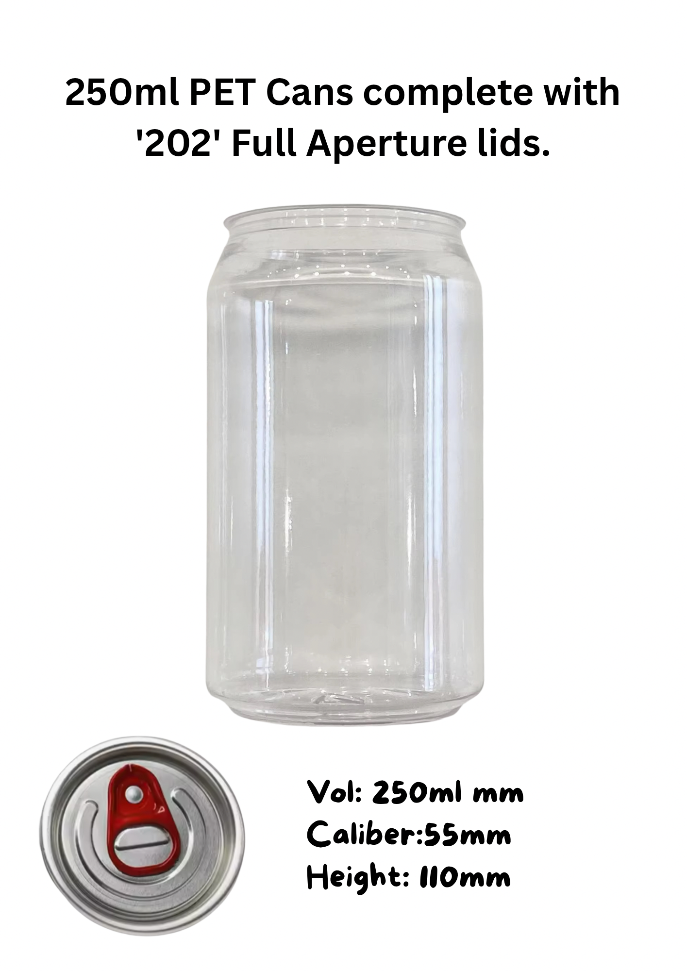 50 x 250ml PET Clear Beverage Cans with Full Aperture Lids