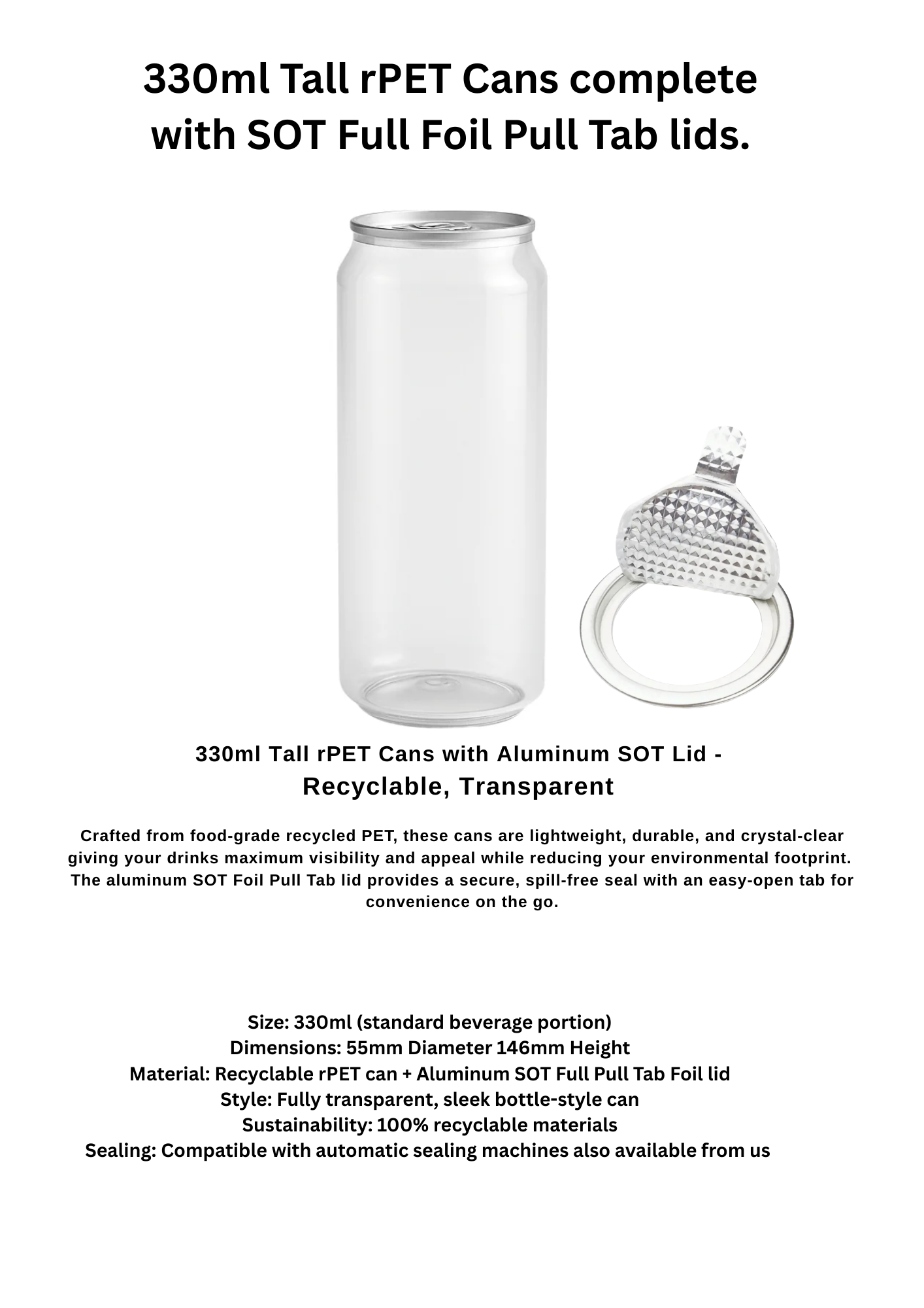 100 x 330ml Tall ( 146mm ) rPET Tall Clear Beverage Cans with Pull Foil Tab Lids