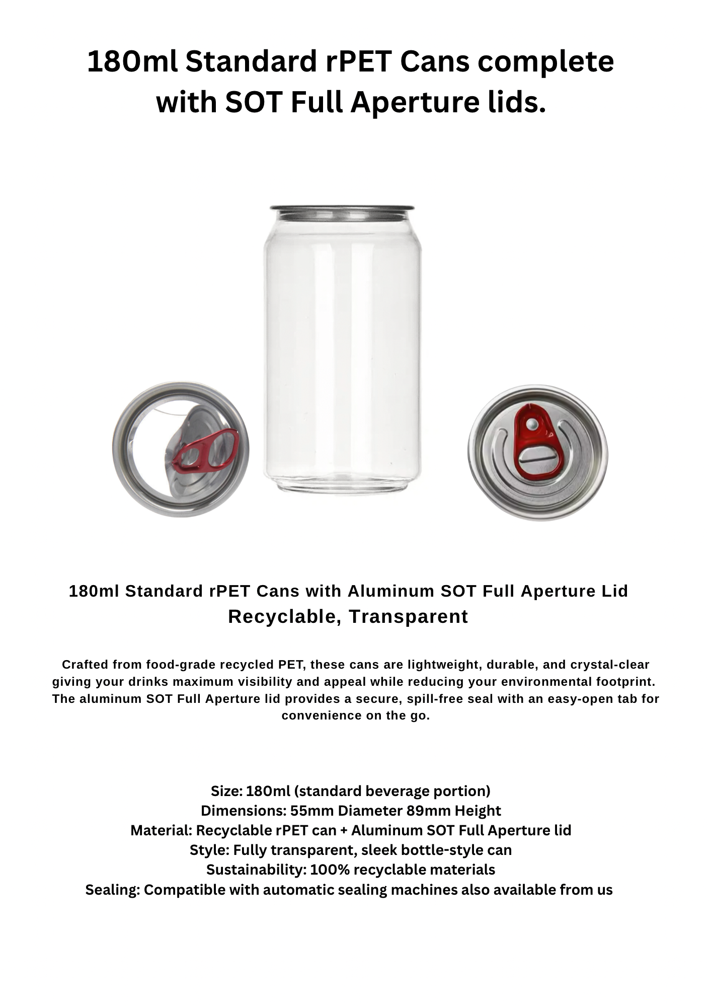 180ml x 100 r PET Plastic Sealable Container + 100 Full Aperture lids