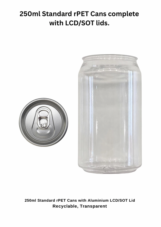 100 x 250ml PET Clear Beverage Cans with CDL/LCD Lids