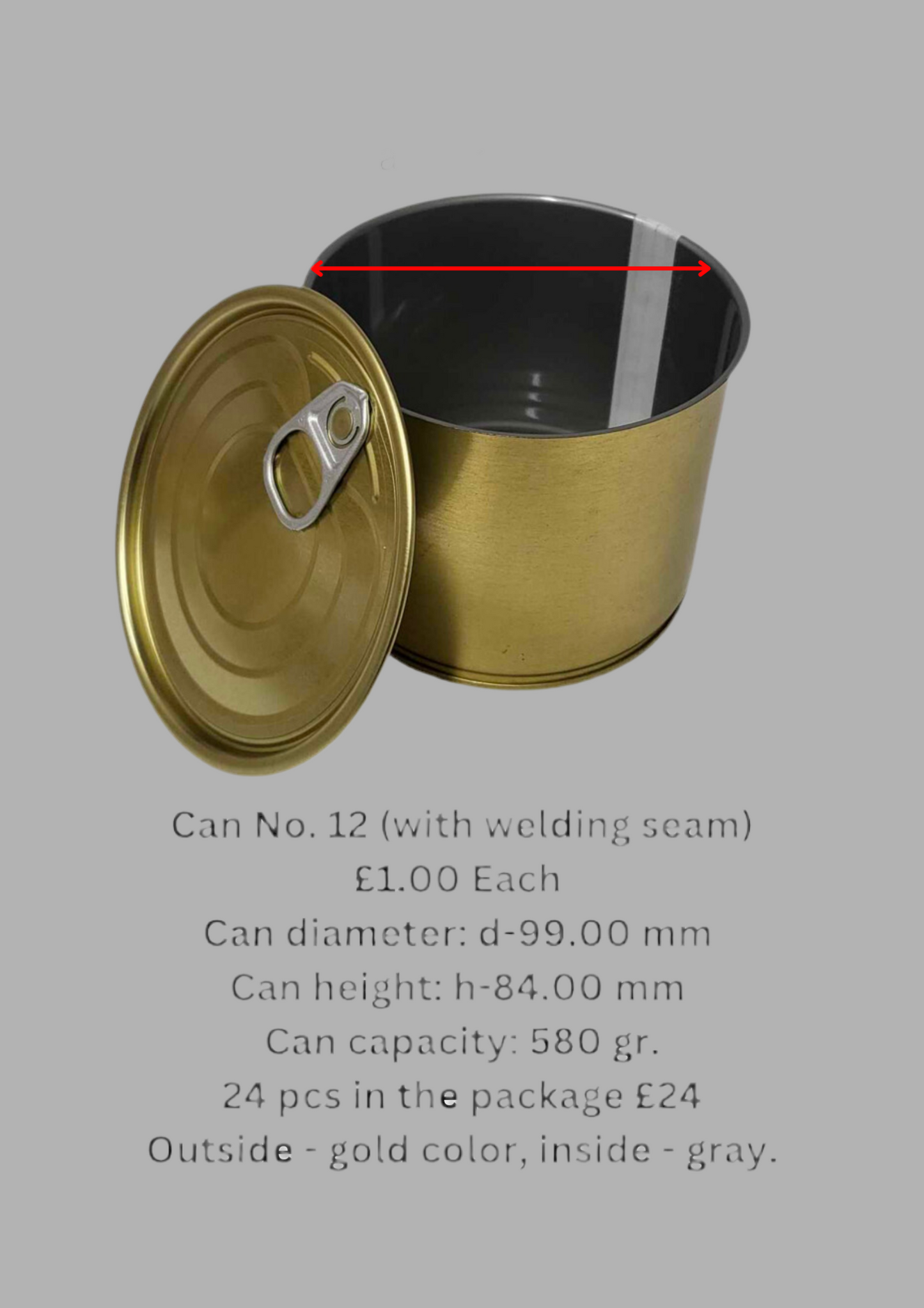 24 x Cans 99mm by Outside - gold color, inside - gray.