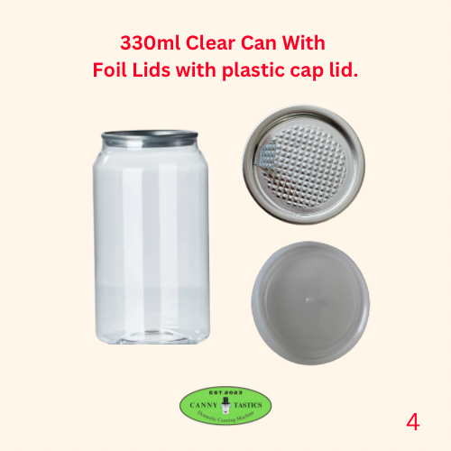 100 x 330ml Clear Beverage Cans with Foil Pull Tabs Lids + Plastic Caps