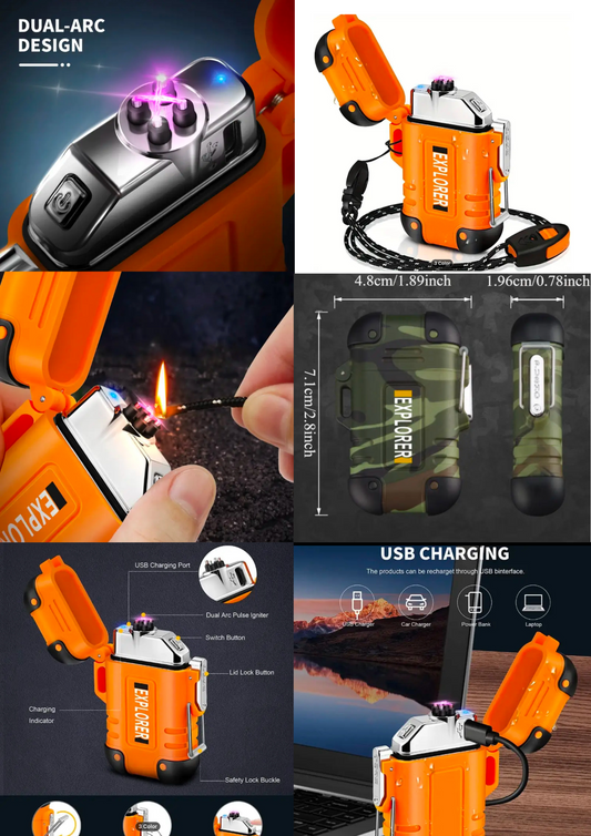 1 x Outdoor Dual Plasma Arc Lighter, USB Rechargeable Flameless Electric Lighters for Camping, Hiking, Fishing, Survival.