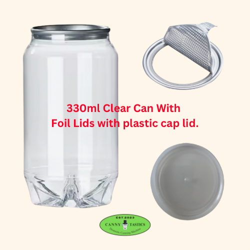 24 x 330ml Clear Beverage Cans with Foil Pull Tabs Lids + Plastic Caps