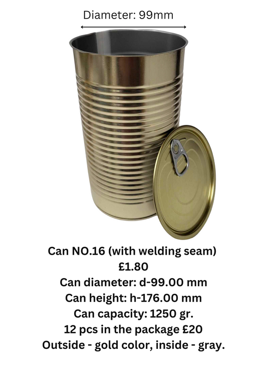 12 x Cans 99mm by 176mm Outside - gold color, inside - gray.
