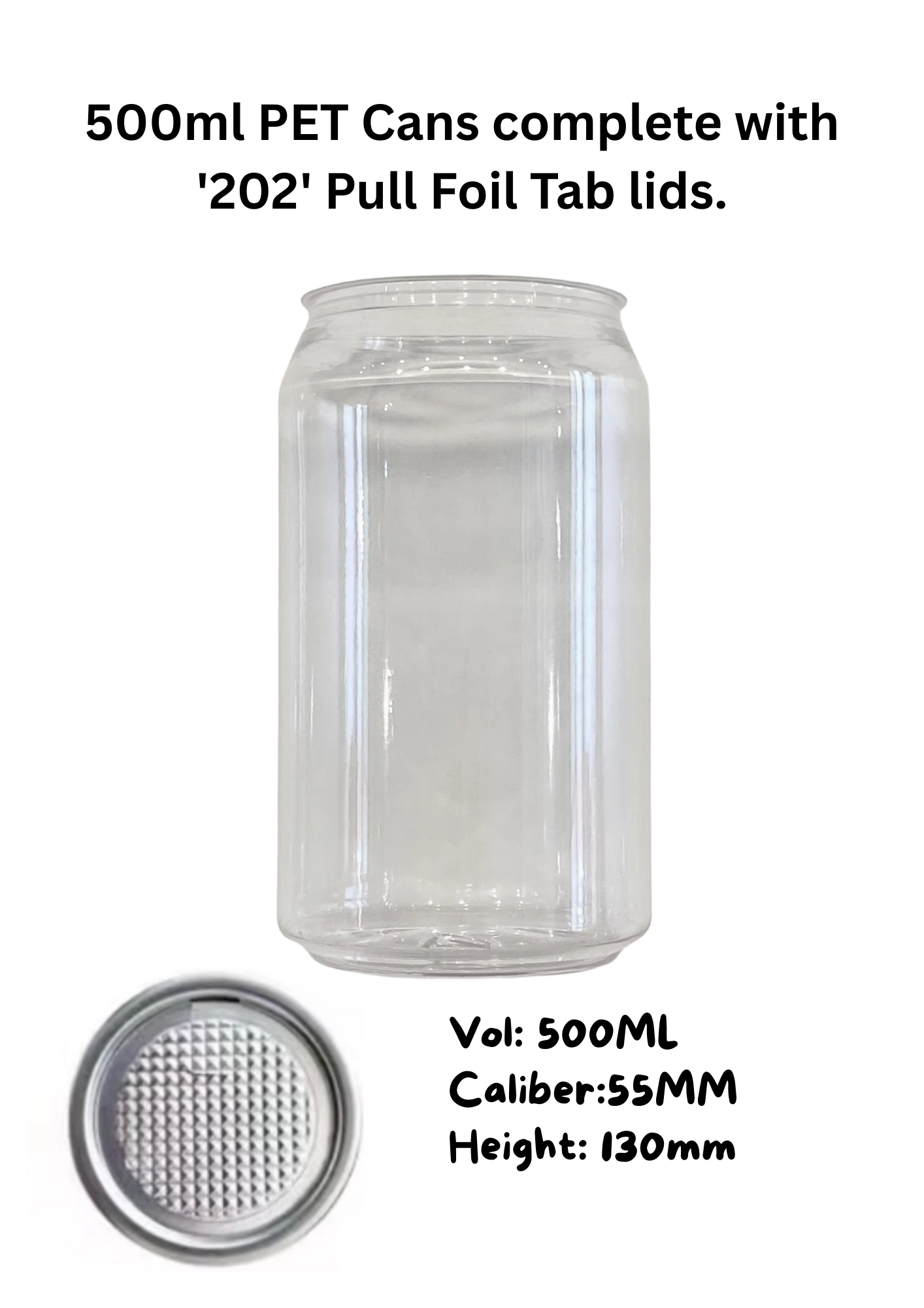 100 x 500ml PET Clear Beverage Cans with Pull Foil Tab Lids