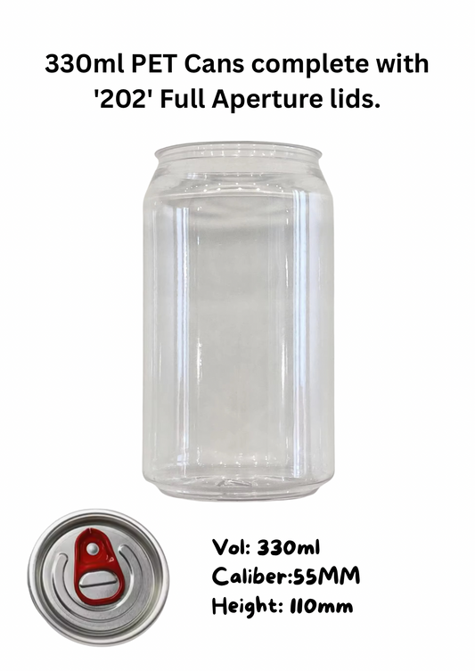 100 x 330ml PET Clear Beverage Cans with Full Aperture Lids