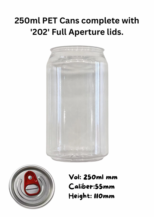 100 x 250ml PET Clear Beverage Cans with Full Aperture Lids