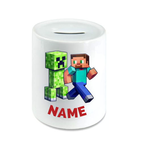 Personalised Minecraft characters with your chosen Name added Money Box Piggy Bank for Boys or Girls