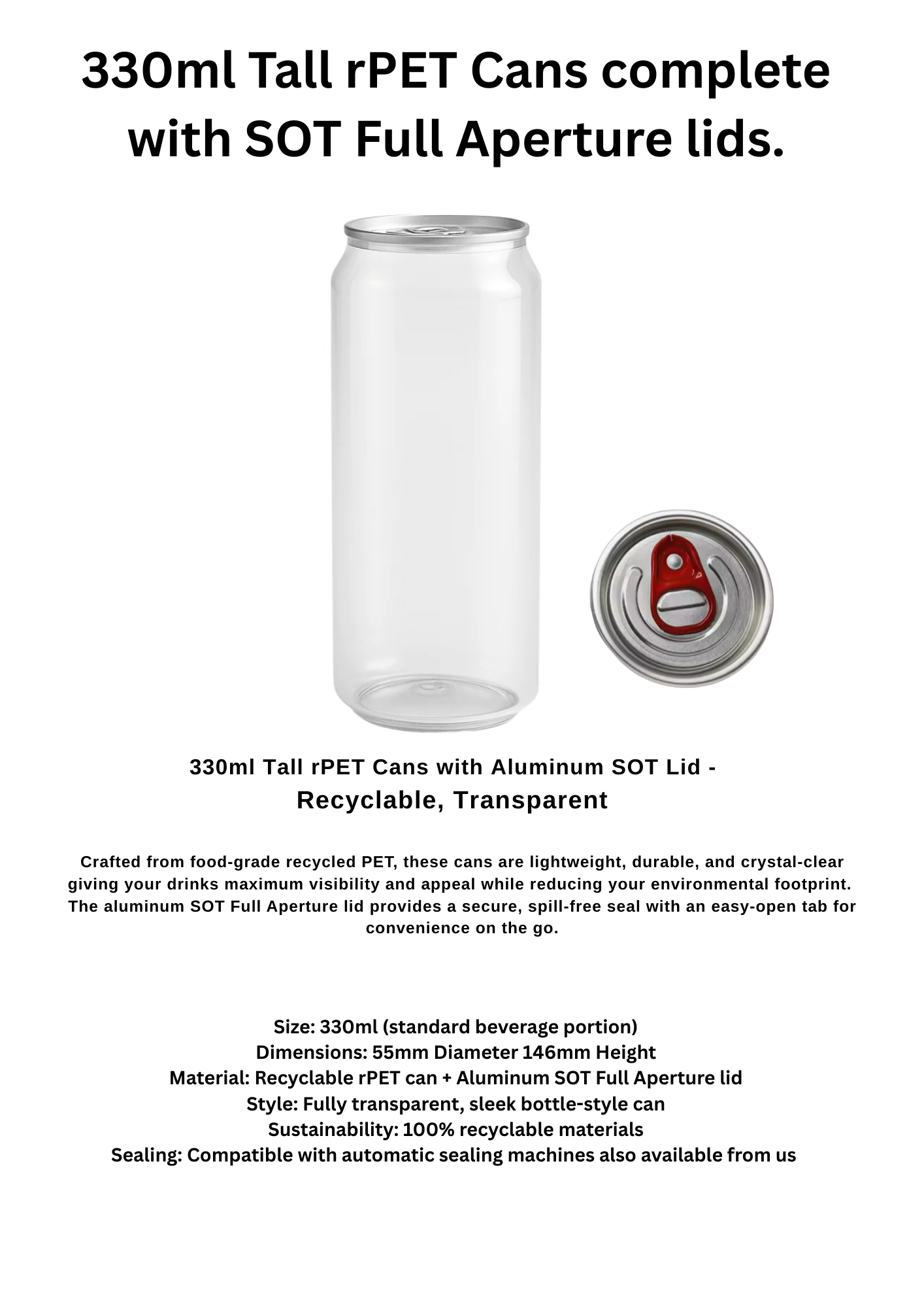 100 x 330ml Tall ( 146mm ) x 100 r PET Plastic Sealable Container + 100 Full Aperture lids