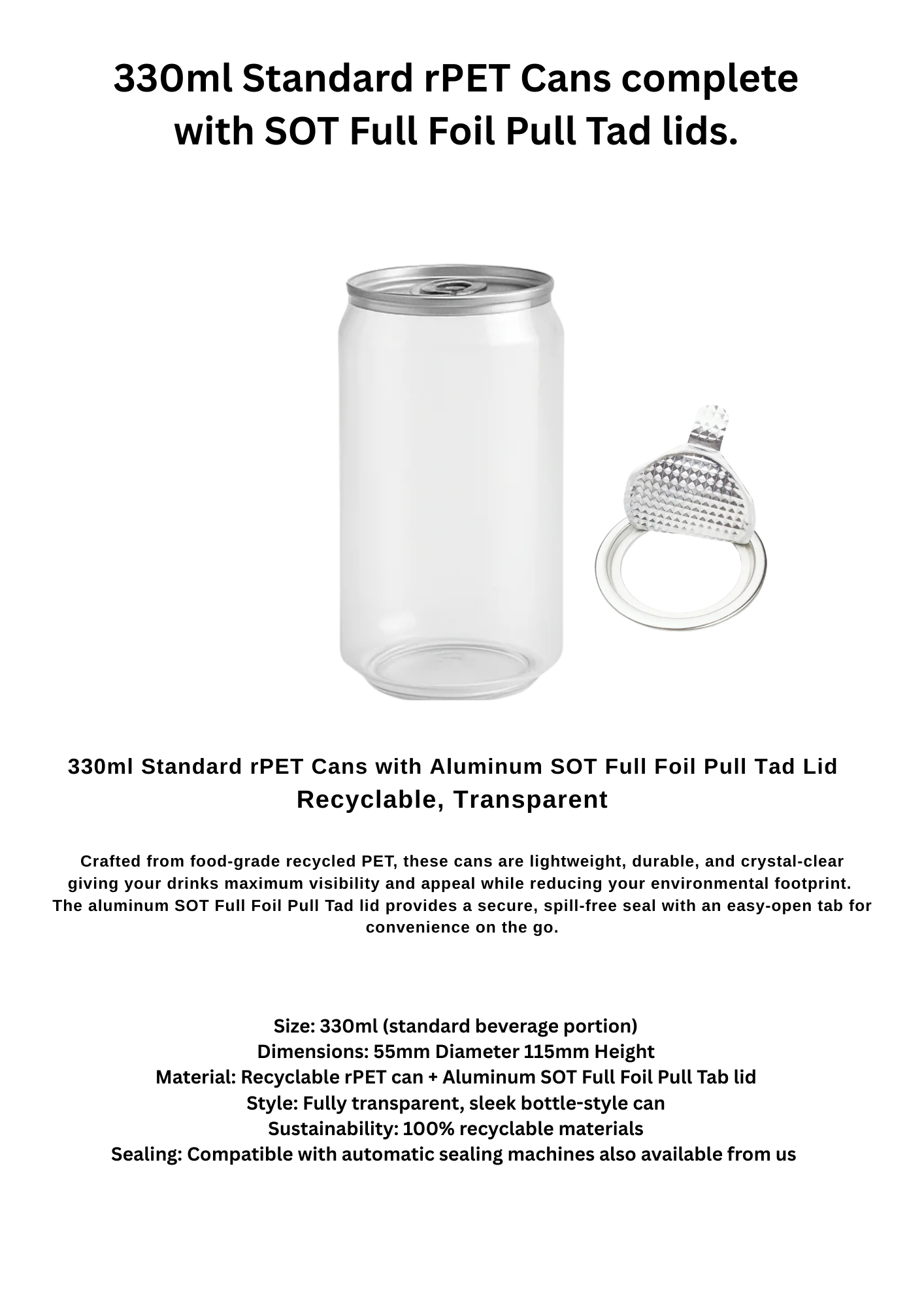 100 x 330ml rPET Clear Beverage Cans with Pull Foil Tab Lids