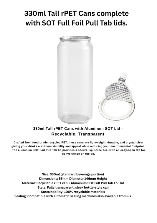 100 x 330ml Tall ( 146mm ) rPET Tall Clear Beverage Cans with Pull Foil Tab Lids
