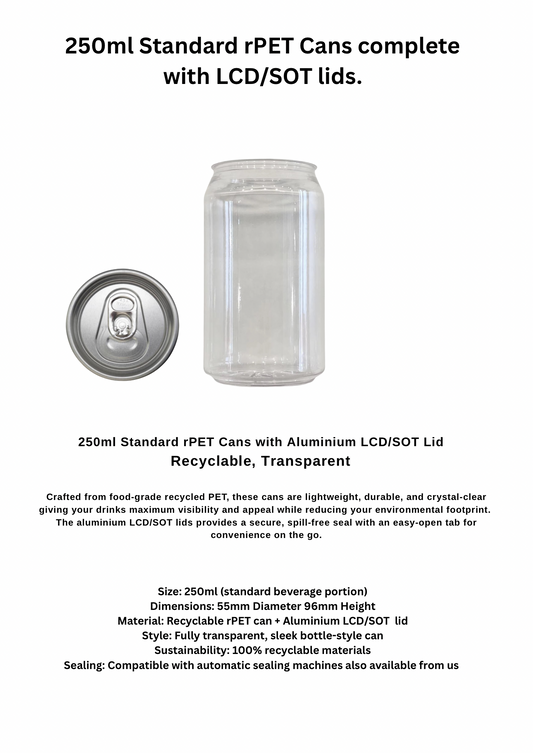 100 x 250ml PET Clear Beverage Cans with CDL/LCD Lids