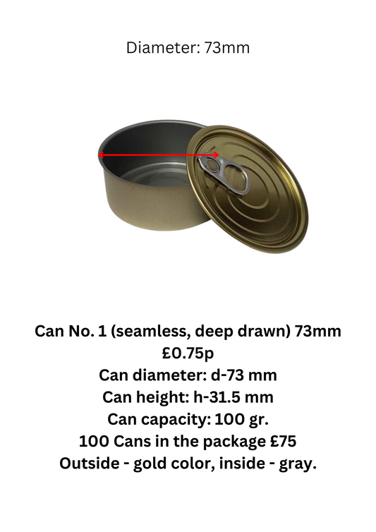 100 x Cans 73mm by 31.5mm Outside - gold colour, inside - gray.
