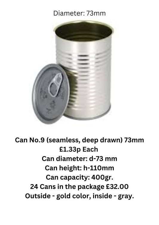 24 x 73mm by 110mm Tin Cans with Ring Pull lids grate for food.