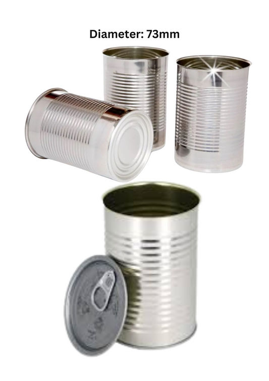 24 x 73mm by 110mm Tin Cans with Ring Pull lids grate for food.