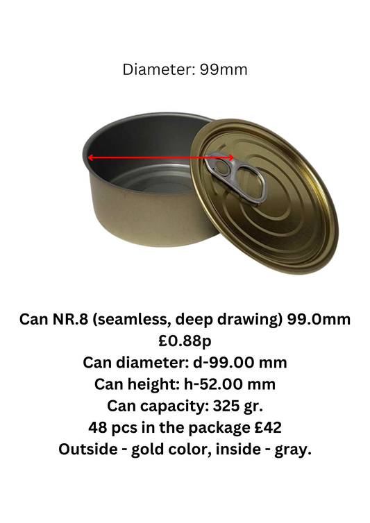 48 x Cans 99mm by 52mm Outside - gold color, inside - gray.